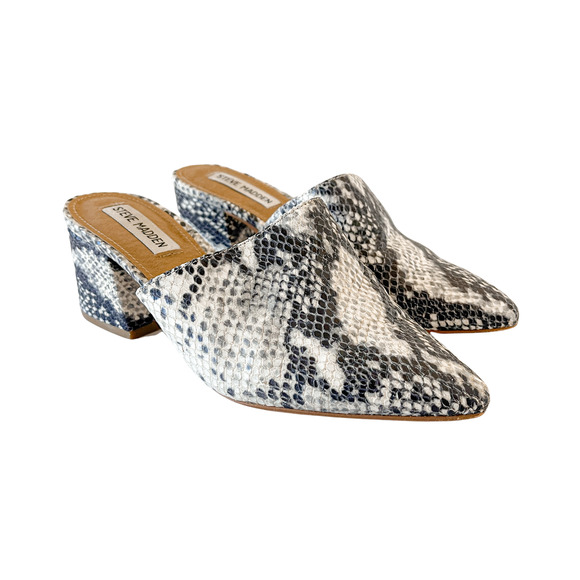 Steve Madden Shoes - Steve Madden Snake Print Pointed Toe Block Heel Leather Mules Gray Cream Sz 5.5